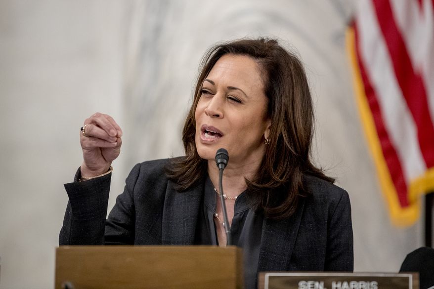 Sen. Kamala Harris, D-Calif., speaks as the Senate Homeland Security and Governmental Affairs Committee meets on Capitol Hill in Washington, Wednesday, May 20, 2020. (AP Photo/Andrew Harnik) ** FILE **