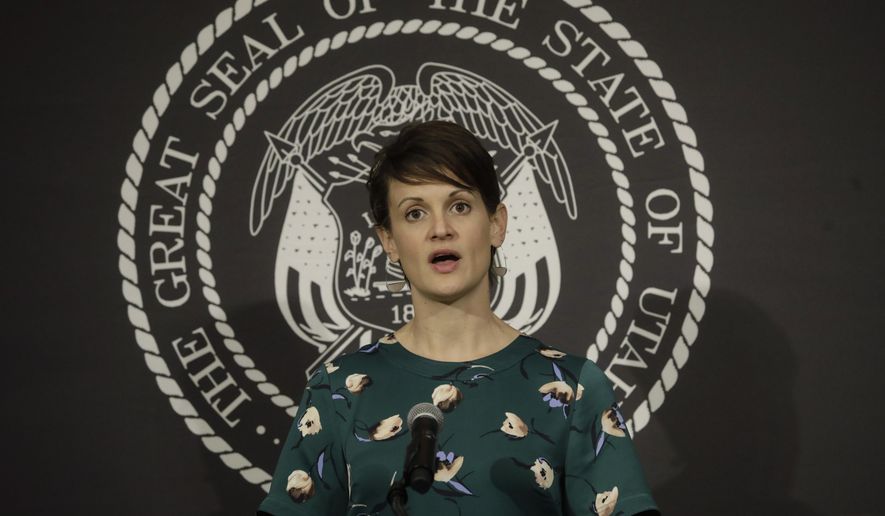 Dr. Angela Dunn, state epidemiologist from the Utah Department of Health, speaks during the daily COVID-19 briefing at the Utah State Capitol Thursday, April 9, 2020, in Salt Lake City. (AP Photo/Rick Bowmer, Pool)