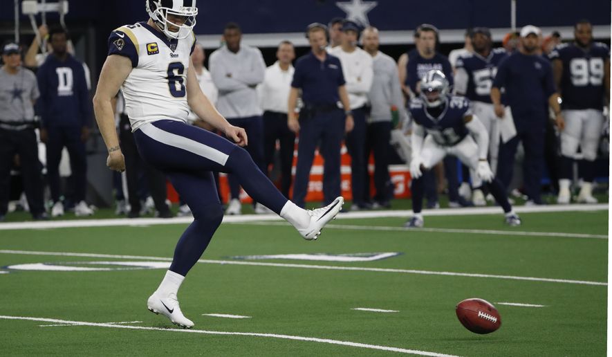 In this Dec. 15, 2019 file photo Los Angeles Rams punter Johnny Hekker kicks an onside kick during an NFL football game against the Dallas Cowboys in Arlington, Texas. The NFL is considering adding a booth umpire and a senior technology advisor to the referee to assist the officiating crew. The league also is looking at other rules changes, including an alternative to the onside kick. NFL clubs received a list of potential rules changes on Thursday, May 21, 2020. (AP Photo/Roger Steinman, file) **FILE**