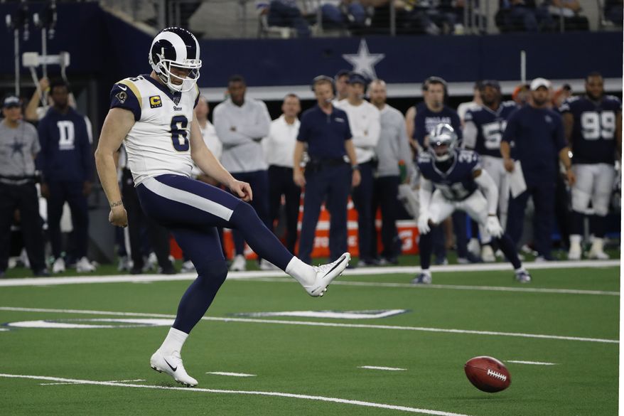 In this Dec. 15, 2019 file photo Los Angeles Rams punter Johnny Hekker kicks an onside kick during an NFL football game against the Dallas Cowboys in Arlington, Texas. The NFL is considering adding a booth umpire and a senior technology advisor to the referee to assist the officiating crew. The league also is looking at other rules changes, including an alternative to the onside kick. NFL clubs received a list of potential rules changes on Thursday, May 21, 2020. (AP Photo/Roger Steinman, file) **FILE**