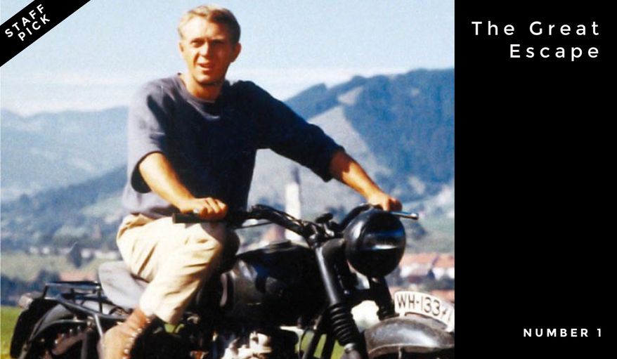 Number 1: The Great Escape | The 1963 World War II epic is based on an escape by British Commonwealth prisoners of war from a German POW camp during World War II, starring Steve McQueen, James Garner, and Richard Attenborough. The film is based on Paul Brickhill's 1950 book of the same name, a non-fiction first-hand account of the mass escape from Stalag Luft III in Sagan (Poland), in the province of Lower Silesia, Nazi Germany.