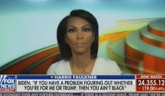 Fox News star Harris Faulkner talks about former Vice President Joe Biden&#39;s &quot;you ain&#39;t black&quot; assertion during a May 22, 2020 interview he had with radio host Charlamagne Tha God. (Image: Fox News video screenshot) 