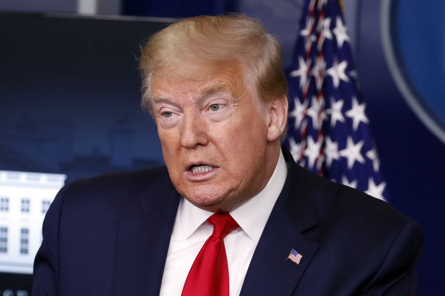 President Donald Trump speaks with reporters about the coronavirus in the James Brady Briefing Room of the White House, Friday, May 22, 2020, in Washington. (AP Photo/Alex Brandon)