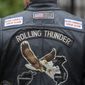 The back of Rolling Thunder jacket is seen before President Donald Trump speaks during a &quot;Rolling to Remember Ceremony,&quot; to honor the nation&#39;s veterans and POW/MIA, from the Blue Room Balcony of the White House, Friday, May 22, 2020, in Washington. (AP Photo/Alex Brandon) ** FILE **