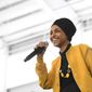 FILE - In this Feb. 29, 2020 file photo, U.S. Rep. Ilhan Omar, D-Minn., speaks at a rally in Springfield, Mass. At a young age, Rep. Omar earned a reputation as a fighter -- a bit of a misfit who saw fighting as a way to survive and earn respect. In her new memoir being released Tuesday, May, 26, 2020. Omar provides details about her life, as she went from a refugee and immigrant to congresswoman for Minnesota. (AP Photo/Susan Walsh File)