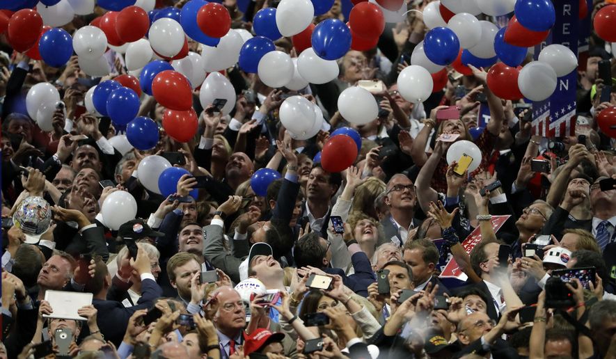 FILE - In this July 21, 2016, file photo, confetti and balloons fall during celebrations after Republican presidential candidate Donald Trump&#x27;s acceptance speech on the final day of the Republican National Convention in Cleveland. President Donald Trump demanded Monday, May 25, 2020, that North Carolina&#x27;s Democratic governor sign off “immediately” on allowing the Republican National Convention to move forward in August with full attendance despite the ongoing COVID-19 pandemic. Trump&#x27;s tweets Monday about the RNC, planned for Charlotte, come just two days after the North Carolina recorded its largest daily increase in positive cases yet. (AP Photo/Matt Rourke, File)