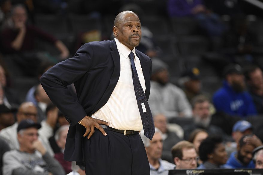 In this Wednesday, Feb. 5, 2020, file photo, Georgetown head coach Patrick Ewing looks on during the first half of an NCAA college basketball game against Seton Hall, in Washington. In a statement issued by Georgetown on Friday, May 22, 2020. (AP Photo/Nick Wass, File) **FILE**
