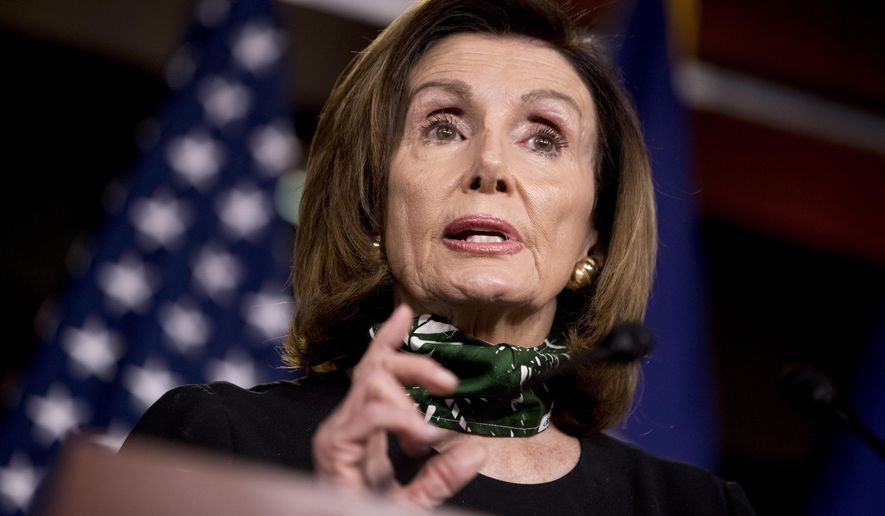 FILE - In this May 14, 2020, file photo House Speaker Nancy Pelosi of Calif., speaks during a news conference on Capitol Hill in Washington. Republicans are brandishing the latest approach in their uphill fight for House control this November: battering moderate Democrats for backing a $3 trillion coronavirus relief bill promising benefits for immigrants who entered the U.S. illegally. (AP Photo/Andrew Harnik, File)