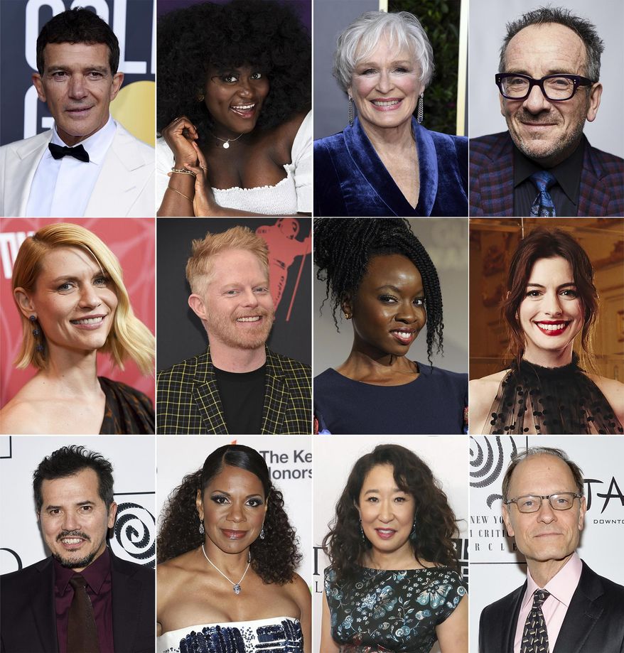 This combination photo shows, top row from left, Antonio Banderas, Danielle Brooks, Glenn Close and Elvis Costello, second row from left, Claire Danes, Jesse Tyler Ferguson, Danai Gurira and Anne Hathaway, third row from left, John Leguizamo, Audra McDonald, Sandra Oh and David Hyde Pierce, who are among the stars expected to attend the June 1 virtual event, called “We Are One Public,” a benefit for New York City's fabled Public Theater. (AP Photo)