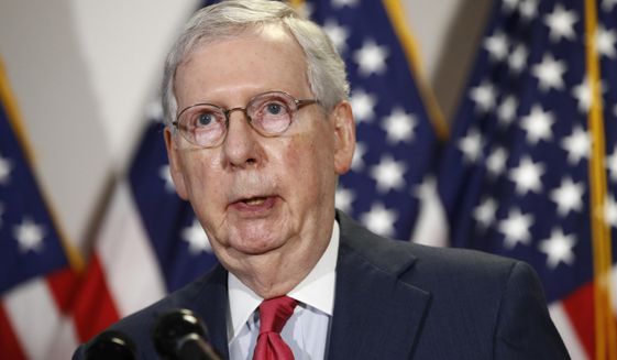 In this May 19, 2020, photo, Senate Majority Leader Mitch McConnell of Ky., speaks with reporters after meeting with Senate Republicans at their weekly luncheon on Capitol Hill in Washington. (AP Photo/Patrick Semansky) **FILE**