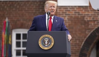 President Donald Trump speaks during a Memorial Day ceremony at Fort McHenry National Monument and Historic Shrine, Monday, May 25, 2020, in Baltimore. (AP Photo/Evan Vucci)