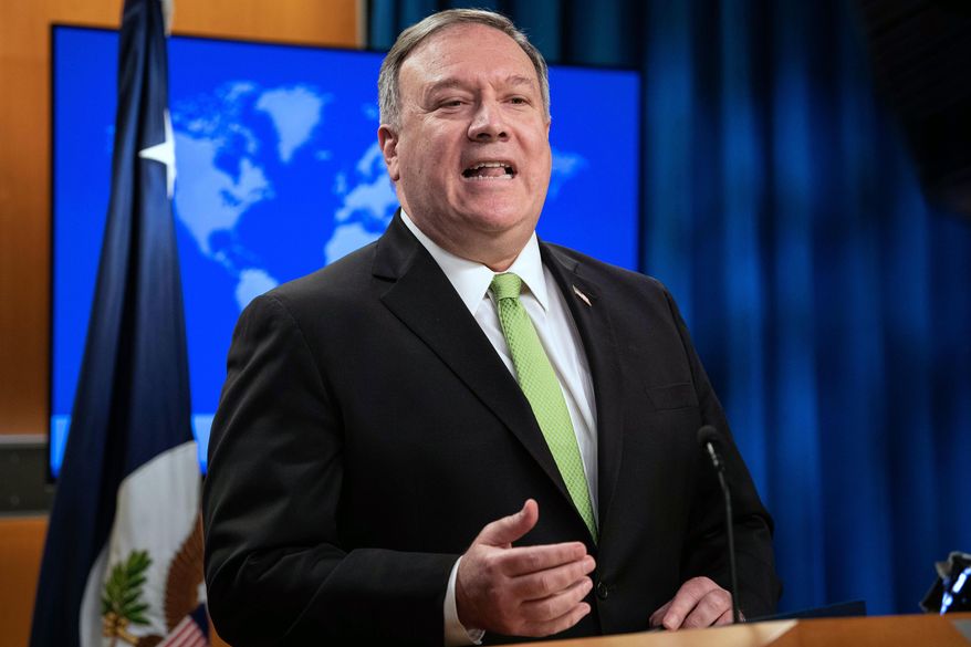 Secretary of State Mike Pompeo speaks during a press briefing at the State Department on Wednesday, May 20, 2020, in Washington. (Nicholas Kamm/Pool Photo via AP) ** FILE **