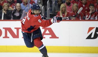 In this April 13, 2019, file photo, Washington Capitals left wing Alex Ovechkin (8), of Russia, follows through on a shot during the second period of Game 2 of an NHL hockey first-round playoff series against the Carolina Hurricanes, in Washington. Washington&#39;s Alex Ovechkin and Boston&#39;s David Pastrnak share the Maurice “Rocket” Richard Trophy the league announced Thursday, May 28, 2020. (AP Photo/Nick Wass, File)  **FILE**
