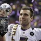FILE - In this Feb. 13, 2013 file photo, Baltimore Ravens quarterback Joe Flacco (5) holds the Vince Lombardi Trophy after defeating the San Francisco 49ers 34-31 in the NFL Super Bowl XLVII football game in New Orleans. Flacco was the Super Bowl MVP and the NFL&#x27;s highest-paid quarterback just a few years ago. After injuries shortened his last two seasons, Flacco is now in New York with a new role: as a backup to Sam Darnold.  (AP Photo/Matt Slocum, File)