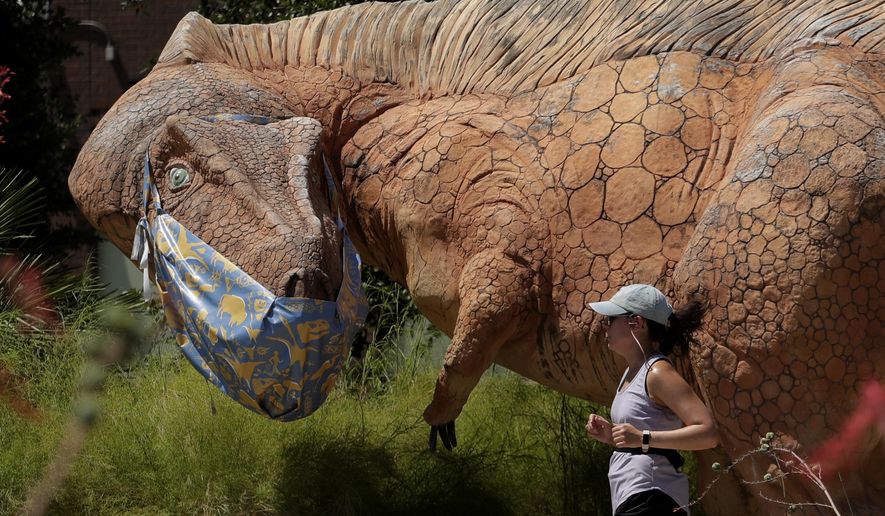 A jogger runs past a mask clad Acrocanthosaurus at the Witte Museum in San Antonio, Thursday, May 28, 2020. The museum has been closed due to the COVID-19 pandemic and is scheduled to reopen May 30th. (AP Photo/Eric Gay)