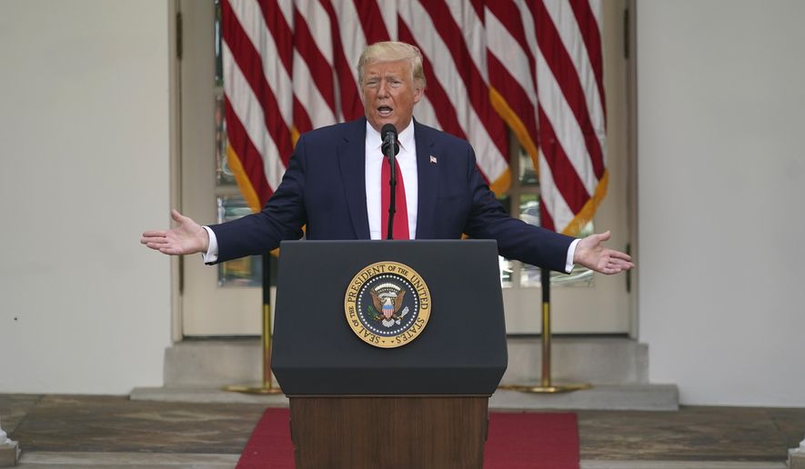 President Donald Trump answers questions from reporters during an event on protecting seniors with diabetes in the Rose Garden White House, Tuesday, May 26, 2020, in Washington. (AP Photo/Evan Vucci)