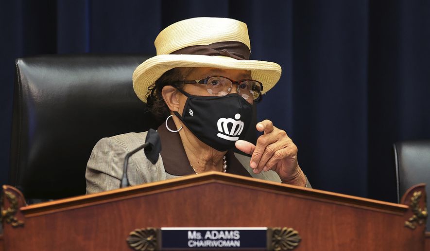 House Education and Labor Committee Workforce Protections Subcommittee Chair Rep. Alma Adams, D-N.C., wears a face mask during a House Committee on Education and Labor Subcommittee on Workforce Protections hearing examining the federal government&#x27;s actions to protect workers from COVID-19, Thursday, May 28, 2020, on Capitol Hill in Washington. (Chip Somodevilla/Pool via AP) ** FILE **