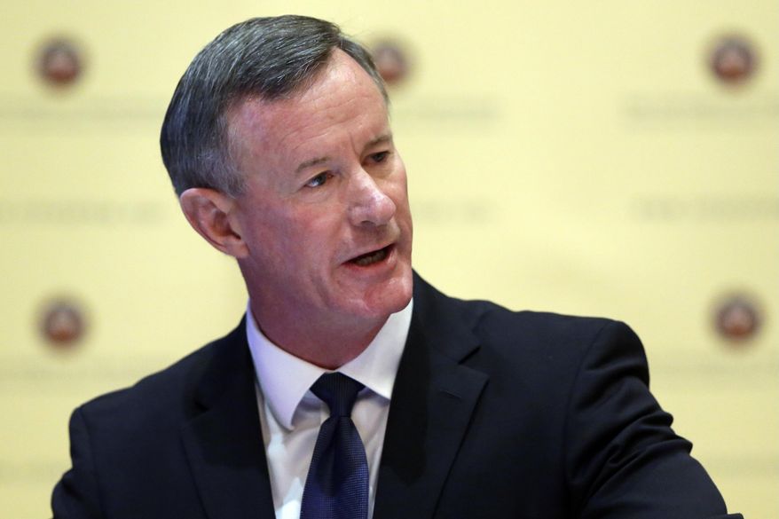 File - In this Aug. 21, 2014, file photo, William McRaven addresses the Texas Board of Regents, in Austin, Texas. The retired U.S. Navy admiral and former chancellor of the University of Texas system delivered an online address to MIT&#39;s graduating class on Friday, May 29, 2020. (AP Photo/Eric Gay, File)