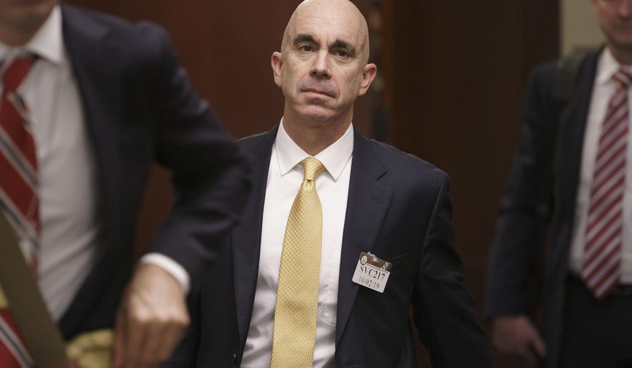 FILE - In this Oct. 2, 2019, file photo State Department Inspector General Steve Linick leaves a meeting in a secure area at the Capitol in Washington. A senior department official said President Donald Trump removed Linick from his job as State Department’s inspector general on Friday, May 15, 2020, but gave no reason for his ouster. (AP Photo/J. Scott Applewhite, File)