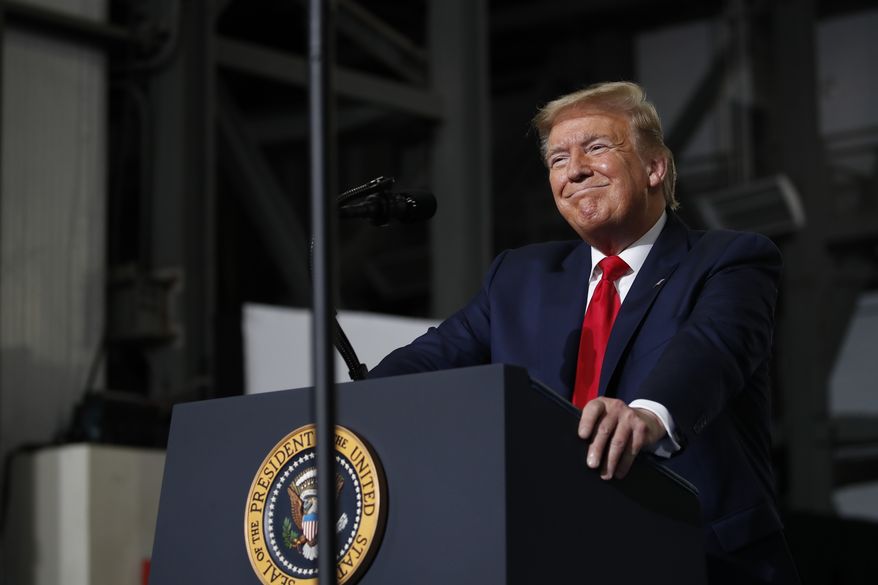 President Donald Trump speaks during an event at the Vehicle Assembly Building on Saturday, May 23, 2020, after viewing the SpaceX flight at NASA&#39;s Kennedy Space Center in Cape Canaveral, Fla. A rocket ship designed and built by SpaceX lifted off on Saturday with two Americans on a history-making flight to the International Space Station. (AP Photo/Alex Brandon)
