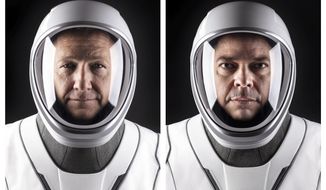 This combination of undated photos made available by SpaceX shows NASA astronauts Doug Hurley, left, and Bob Behnken in their spacesuits at SpaceX headquarters in Hawthorne, Calif. On Wednesday, May 27, 2020, They are scheduled to board a SpaceX Dragon capsule atop a SpaceX Falcon 9 rocket and, equipment and weather permitting, shoot into space. It will be the first astronaut launch from NASA’s Kennedy Space Center since the last shuttle flight in 2011. (SpaceX via AP)