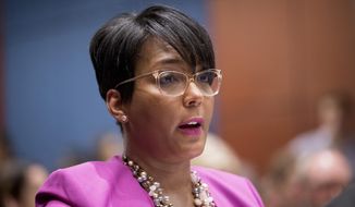 In this July 17, 2019, file photo, Atlanta Mayor Keisha Lance Bottoms speaks during a Senate Democrats&#39; Special Committee on the Climate Crisis on Capitol Hill in Washington. When the United States erupted in unrest following Martin Luther King Jr.’s assassination in 1968, his hometown of Atlanta was one of the few major cities to maintain relative peace. Mayor Keisha Lance Bottoms invoked that history in a passionate and deeply personal plea for protesters to go home. (AP Photo/Andrew Harnik, File)