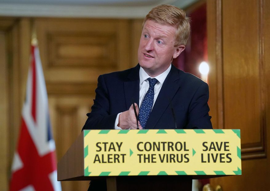 Britain's Secretary of State for Digital, Culture, Media and Sport, Oliver Dowden holds the daily COVID-19 media conference inside 10 Downing Street, London, Saturday May 30, 2020. Sport has been the focus of much media speculation as Britain begins to be released from coronavirus lockdown. (Pippa Fowles / No 10 Downing Street via AP)