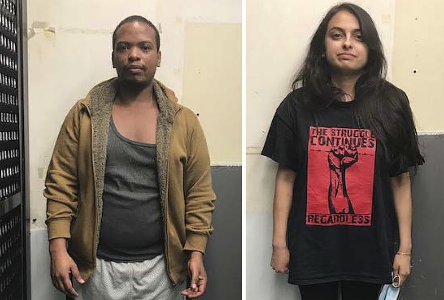 This May 30, 2020, booking photo provided by the United States Attorney's Office of the Eastern District of New York, shows Colinford Mattis, left, and Urooj Rahman, both Brooklyn attorneys, after they were arrested for allegedly firebombing a police vehicle in New York. The two attorneys charged with firebombing the police vehicle amid the unrest convulsing New York City were granted bail Monday, June 1, over the objections of federal prosecutors who warned the pair might return to rioting." (U.S. Attorney's Office via AP)