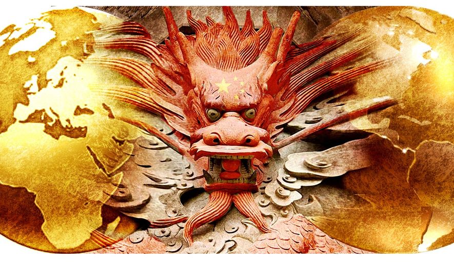 Illustration on China's malign designs on the world by Alexander Hunter/The Washington Times