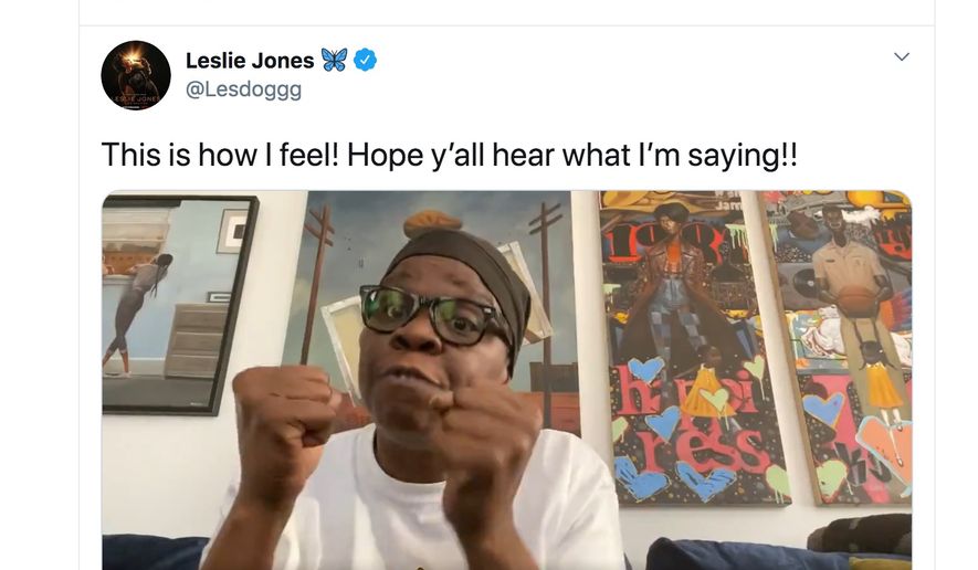 Comedian Leslie Jones tells Twitter followers that it&#39;s time to &quot;burn down this f—ing Constitution,&quot; May 31, 2020. (Image: Twitter, Leslie Jones, video screenshot) 