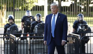 President Donald Trump walks in Lafayette Park to visit outside St. John&#39;s Church across from the White House Monday, June 1, 2020, in Washington. Part of the church was set on fire during protests on Sunday night. (AP Photo/Patrick Semansky)