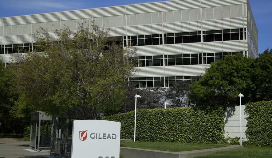 FILE - This is an April 30, 2020, file photo showing Gilead Sciences headquarters in Foster City, Calif. A California biotech company says its experimental drug remdesivir improved symptoms when given for five days to moderately ill, hospitalized patients with COVID-19. Gilead Sciences gave few details on Monday, June 1, 2020, but said full results would soon be published in a medical journal. (AP Photo/Ben Margot, File)