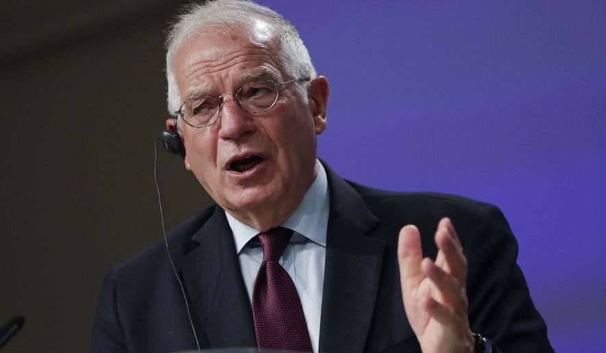 European Union foreign policy chief Josep Borrell addresses a video press conference at EU headquarters in Brussels, Tuesday, June 2, 2020. The European Union's top diplomat Josep Borrell on Tuesday said the death of George Floyd was the result of an abuse of power and that the 27-nation bloc is "shocked and appalled" by it. (Olivier Hoslet, Pool Photo via AP)