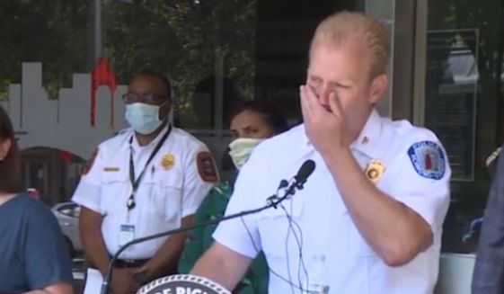 Richmond, Virginia, Police Chief Will Smith choked back tears during a press conference in describing how rioters torched a home with a child inside and then blocked firefighters from responding on May 30, 2020. (screengrab via WTVR)