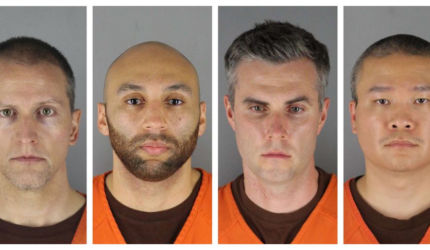 This combination of photos provided by the Hennepin County Sheriff&#x27;s Office in Minnesota on Wednesday, June 3, 2020, shows Derek Chauvin, from left, J. Alexander Kueng, Thomas Lane and Tou Thao. Chauvin is charged with second-degree murder of George Floyd, a black man who died after being restrained by him and the other Minneapolis police officers on May 25. Kueng, Lane and Thao have been charged with aiding and abetting Chauvin. (Hennepin County Sheriff&#x27;s Office via AP)