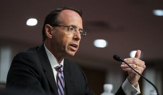 Former Deputy Attorney General Rod Rosenstein testifies before a Senate Judiciary Committee hearing on Capitol Hill in Washington, Wednesday, June 3, 2020. (Jim Lo Scalzo/Pool via AP)