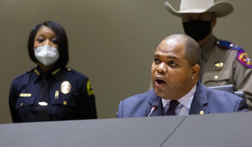 Dallas Mayor Eric Johnson speaks at a news conference on protest violence, Tuesday, June 2, 2020, at City Hall in Dallas. Protests have continued across the nation in response to police brutality sparked by the May 25 death of George Floyd in police custody in Minneapolis. (Juan Figueroa/The Dallas Morning News via AP)