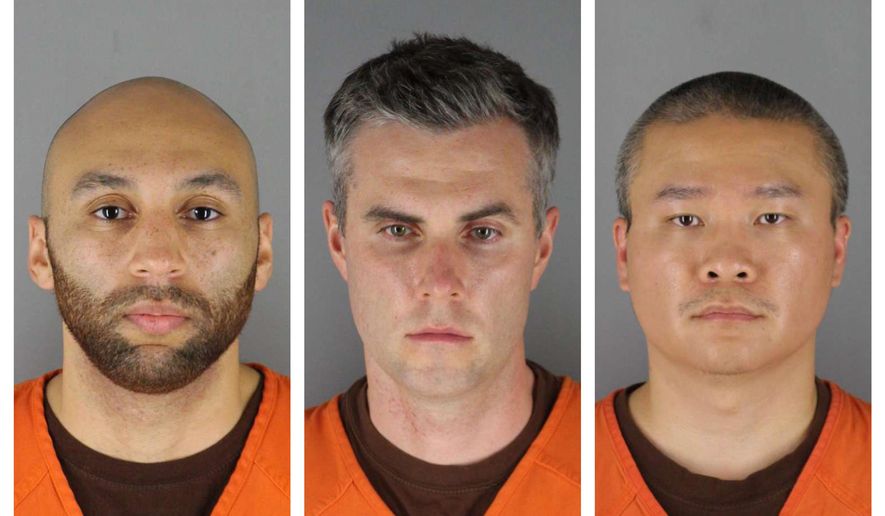 This combination of photos provided by the Hennepin County Sheriff&#39;s Office in Minnesota on Wednesday, June 3, 2020, shows J. Alexander Kueng, from left, Thomas Lane and Tou Thao. They have been charged with aiding and abetting Derek Chauvin, who is charged with second-degree murder of George Floyd, a black man who died after being restrained by the Minneapolis police officers on May 25. (Hennepin County Sheriff&#39;s Office via AP)