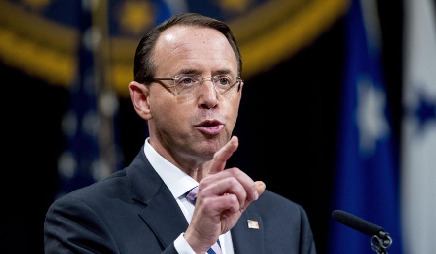 In this May 9, 2019, file photo, then-Deputy Attorney General Rod Rosenstein speaks during a farewell ceremony in the Great Hall at the Department of Justice in Washington. Senate Republicans are planning to press Rosenstein on his oversight of the Russia investigation in the first in a series of oversight hearings that coincides with accelerated election-year efforts to scrutinize the FBI probe. (AP Photo/Andrew Harnik, File)