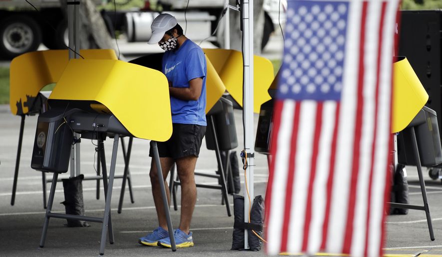FILE - In this May 12, 2020, file photo, Arjan Walia votes during a special election in Santa Clarita, Calif. California will establish hundreds of in-person voting places across the state for the November election, even in a year when every registered voter will be sent a mail-in ballot because of health concerns over the coronavirus. Counties must have at least one voting location per 10,000 registered voters. Statewide mail-in voting has been criticized by national Republicans as a possible pathway to large-scale voter fraud. (AP Photo/Marcio Jose Sanchez, File)