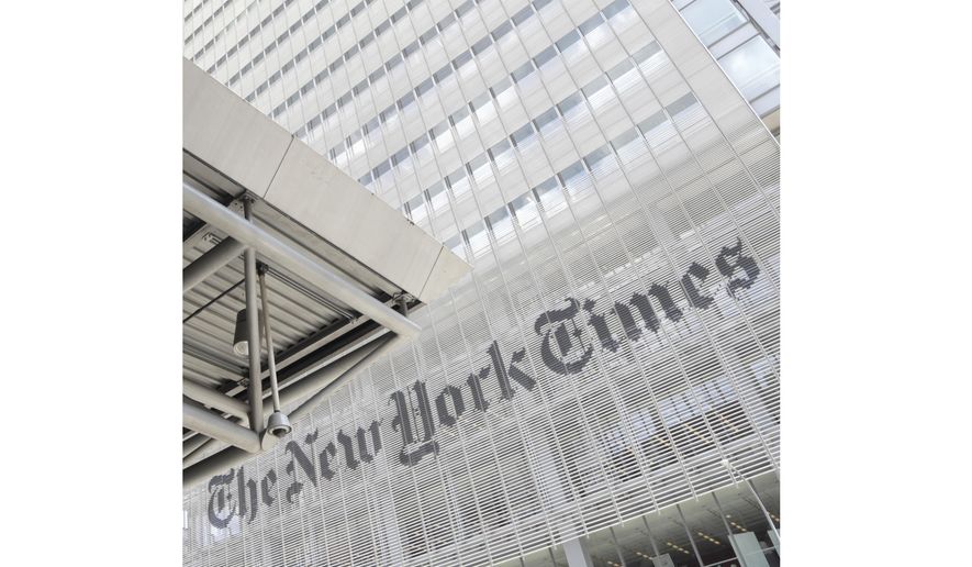 This June 22, 2019, photo shows the exterior of the New York Times building in New York. Some staff members at The New York Times and Philadelphia Inquirer called in sick to protest editorial decisions they found insensitive about protests over George Floyd&#39;s death. (AP Photo/Julio Cortez) **FILE**
