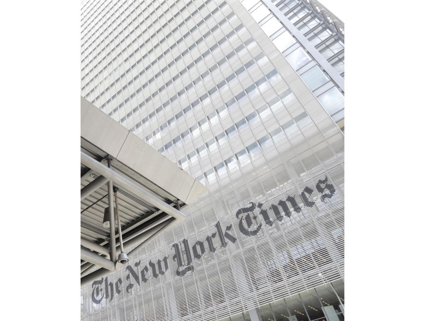 This June 22, 2019, photo shows the exterior of the New York Times building in New York. Some staff members at The New York Times and Philadelphia Inquirer called in sick to protest editorial decisions they found insensitive about protests over George Floyd's death. (AP Photo/Julio Cortez) **FILE**