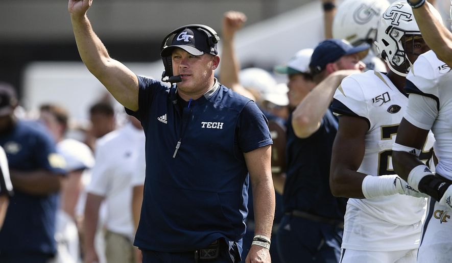 FILE - In this Sept. 7, 2019, file photo, Georgia Tech head coach Geoff Collins reacts during the second half of an NCAA college football game against South Florida, in Atlanta. In the wake of nationwide protests over police brutality, Georgia Tech wants to make sure its athletes take time to vote in November. The school said Thursday, June 4, 2020, that nine teams, including football, will cancel all mandatory activities on the Nov. 3 to recognize the importance of casting a ballot. Geoff Collins was one of the first Power Five football coaches to express his support for those protesting the treatment of George Floyd, who died while in police custody in Minneapolis. (AP Photo/Jon Barash, File)