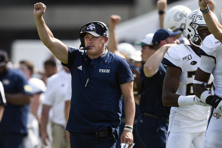 FILE - In this Sept. 7, 2019, file photo, Georgia Tech head coach Geoff Collins reacts during the second half of an NCAA college football game against South Florida, in Atlanta. In the wake of nationwide protests over police brutality, Georgia Tech wants to make sure its athletes take time to vote in November. The school said Thursday, June 4, 2020, that nine teams, including football, will cancel all mandatory activities on the Nov. 3 to recognize the importance of casting a ballot. Geoff Collins was one of the first Power Five football coaches to express his support for those protesting the treatment of George Floyd, who died while in police custody in Minneapolis. (AP Photo/Jon Barash, File)