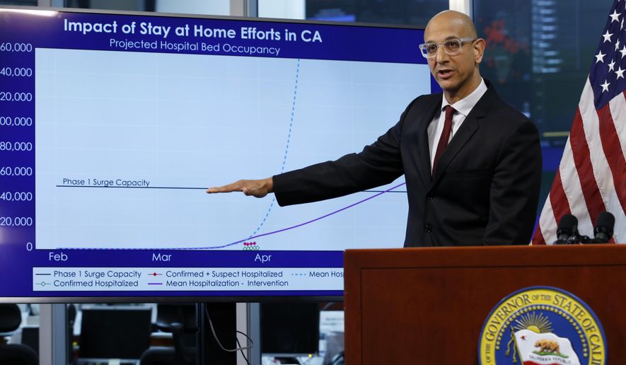 FILE - In this April 1, 2020, file photo Dr. Mark Ghaly, secretary of the California Health and Human Services, gestures to a chart showing the impact of the mandatory stay-at-home orders during a news conference on the state's response to the coronavirus, at the Governor's Office of Emergency Services in Rancho Cordova, Calif. Ghaly said Thursday, June 4, 2020, the state is staying in a "range of stability" on coronavirus cases and hospitalizations and has no plans to scale back its reopening efforts amid widespread protests that have brought people together in mass gatherings not seen in months. (AP Photo/Rich Pedroncelli, Pool, File)