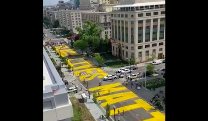 D.C. artists created a &quot;Black Lives Matter&quot; mural stretching over two city blocks leading up to the White House on Friday, June 5, 2020. (Screenshot from https://twitter.com/MurielBowser/status/1268916115809488896)