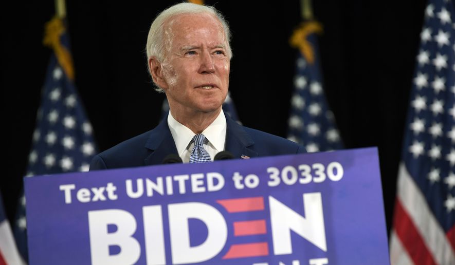 Democratic presidential candidate, former Vice President Joe Biden speaks during an event in Dover, Del., Friday, June 5, 2020. (AP Photo/Susan Walsh)
