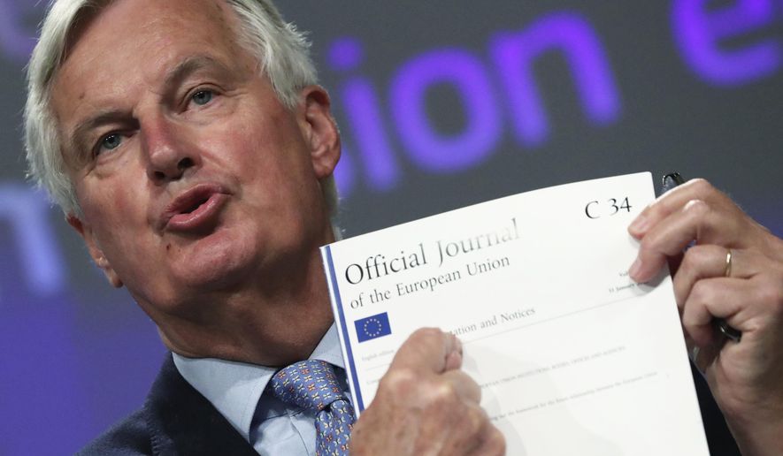 European Union&#x27;s chief Brexit negotiator Michel Barnier gives a news conference after Brexit talks, in Brussels, Belgium, Friday, June 5, 2020. (Yves Herman, Pool Photo via AP)