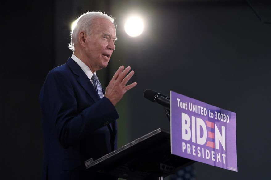 Democratic presidential candidate, former Vice President Joe Biden speaks about the economy during an event in Dover, Del., Friday, June 5, 2020. (AP Photo/Susan Walsh)