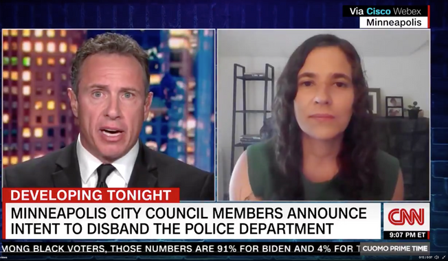 Lisa Bender said Monday in an appearance on &quot;Cuomo Prime Time&quot; that to her, &quot;defund the police&quot; doesn&#x27;t mean having a smaller budget or a reconstituted department. (Cuomo Prime Time on CNN via Twitter)